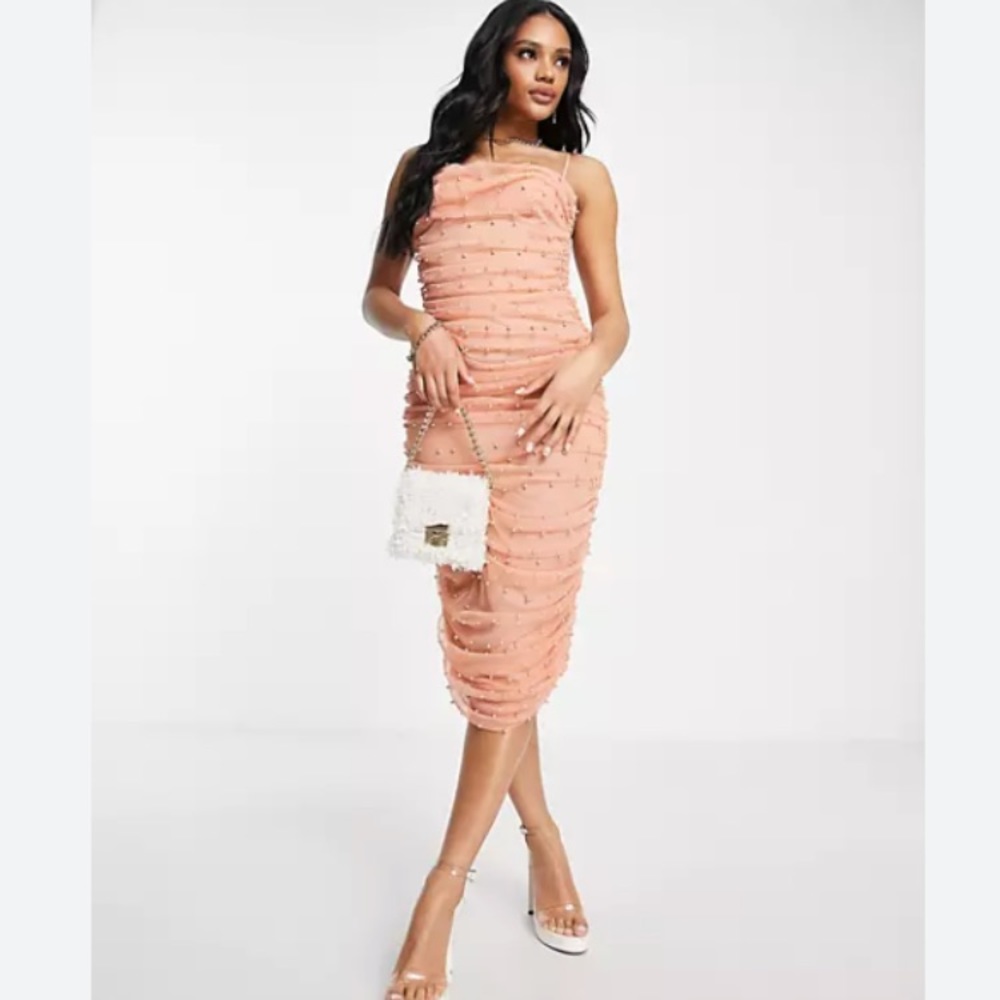 ASOS DESIGN cami ruched pearl mesh bodycon midi dress in peach